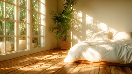 This tranquil bedroom scene showcases soft bedding and a lush indoor plant, illuminated by warm natural light, inviting relaxation and peace into the space subtly.
