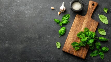 Overhead shot of a wooden cutting board with fresh basil leaves, garlic, and salt on a dark textured surface.