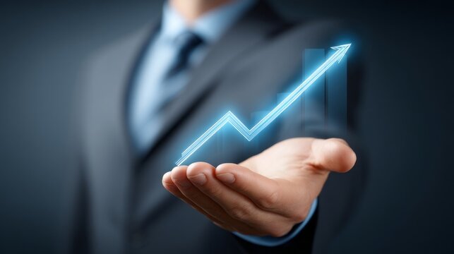 A focused business professional showcases an upward trend graphic on his palm, illustrating growth and success during a financial strategy session in an elegant office environment