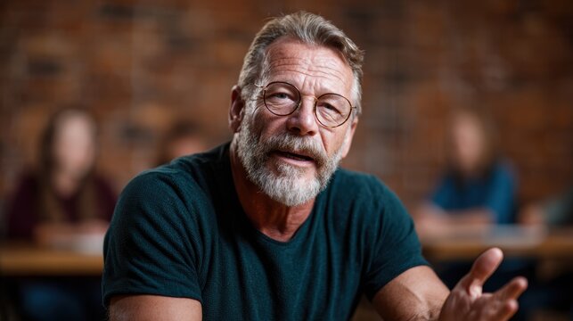 An older man with glasses and a beard shares his insights in a thoughtful manner, embodying wisdom and experience during a discussion in an informal setting.