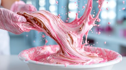 A dynamic portrayal of swirling pink and brown mixture creates an engaging and artistic visual, capturing the essence of creativity and tactile experience in a bright kitchen.