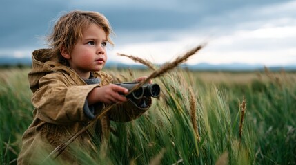 A curious child wearing a coat and holding binoculars explores a vast green field, conveying innocence and wonder of discovery in a natural landscape under a dramatic sky.