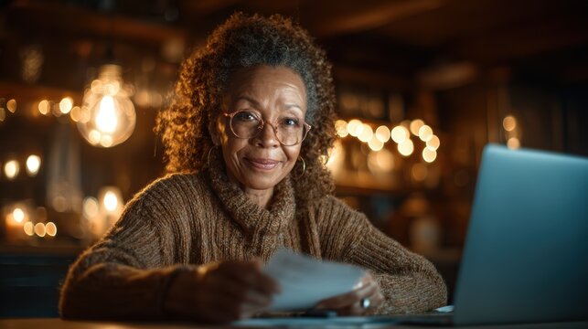 An older woman with curly hair smiles warmly at her laptop in a cozy room full of lights, suggesting engagement with technology while enjoying a comforting and inviting atmosphere.