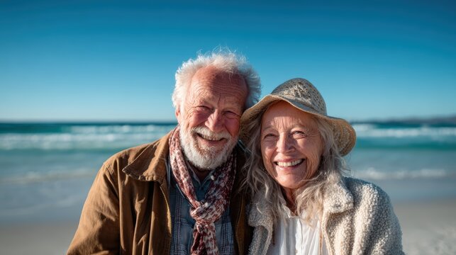 A happy elderly couple stands close together on a beach, smiling warmly at the camera, capturing their joy and love in this picturesque seaside setting.