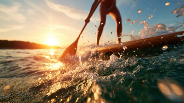 A stunning sunset casts a golden glow as a paddleboarder glides across shimmering waters, creating a peaceful scene that combines adventure with nature's beauty.
