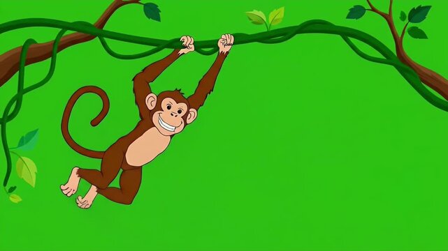 Animated Cartoon Monkey Swinging On Jungle Vine Playfully.