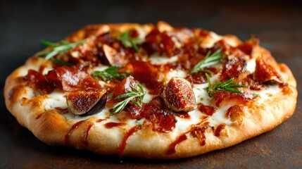 A gourmet pizza topped with figs and prosciutto displays a tempting array of flavors and ingredients, inviting food lovers to indulge in this unique culinary experience.