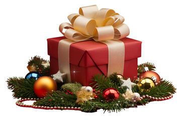 Elegantly Wrapped Red Christmas Gift Box Adorned with a Large Bow and Festive Ornaments for a Holiday Celebration