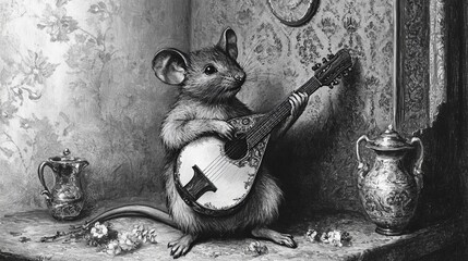 Obraz premium Victorian black and white illustration of a mouse playing the lute