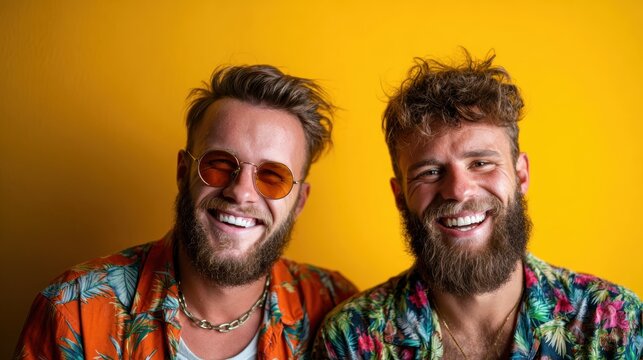 Cheerful men pose joyfully against a bright yellow backdrop, showcasing their colorful floral shirts and radiant smiles, capturing a moment of friendship and positivity. - Powered by Adobe
