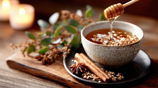 A bowl of honey drizzled with a honey dipper surrounded by cinnamon sticks and decorative elements, creating a cozy and inviting feel perfect for culinary or wellness themes.