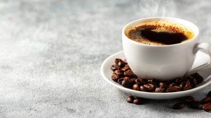 A delightful image of a steaming cup of coffee placed on a gray textured background, surrounded by roasted coffee beans, evoking warmth and comfort for coffee lovers.