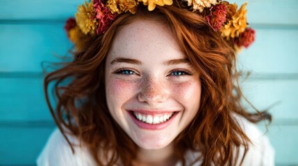 Naklejka premium A radiant young girl with a bright smile and vibrant red hair adorned with a flower crown, exuding joy and positivity, perfect for portraying happiness and youthful innocence.