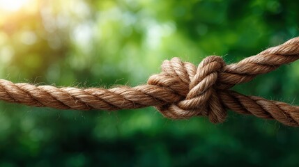 A detailed close-up of a tightly knotted rope, symbolizing strength and unity, set against a beautifully blurred natural backdrop, evoking feelings of resilience and connection.