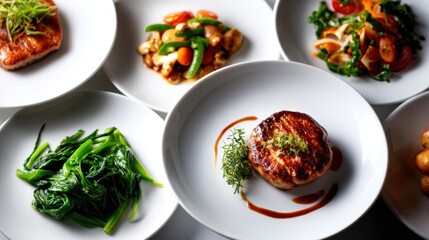 An exquisite arrangement of seafood and vibrant veggies served on white plates, showcasing culinary art and rich flavors that tantalize the senses and inspire creativity.