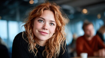 Fototapeta premium A captivating portrait of a young woman with vibrant curly ginger hair and a warm smile, evoking feelings of happiness, friendliness, and youthful energy in a lively environment.