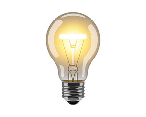 Bright glass light bulb with a glowing filament representing an idea or innovation, isolated on a white background