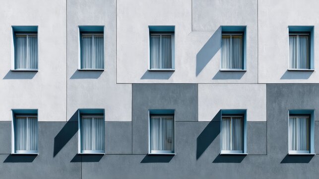 Geometric Facade Of A Building Featuring Repeating Windows And Shadows In Daylight