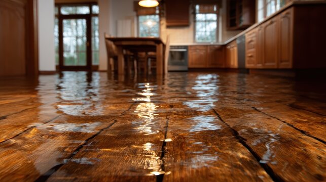 A striking image of a flooded kitchen showcasing water reflections on a wooden floor, highlighting the effects of water damage and the inevitability of nature's influence.