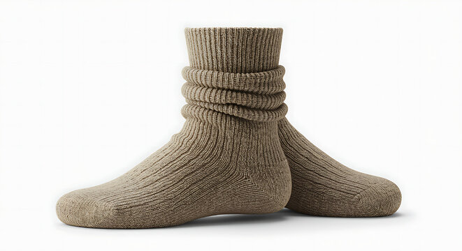 Pair of beige knitted socks on white background clothing warm winter autumn accessory fabric textile wool