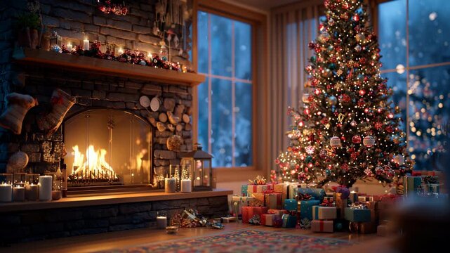 Cozy living room interior with a glowing fireplace, decorated christmas tree, and wrapped gifts, creating a warm, festive atmosphere for the holiday season celebration