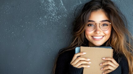 A young woman with glasses smiles broadly while holding a book. She is leaning against a textured gray wall, creating a portrait.