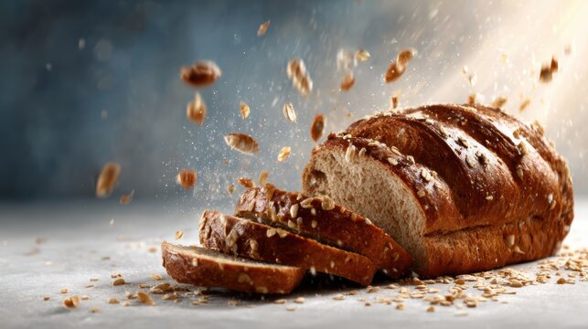 A beautifully captured loaf of whole grain bread with oats, showcasing the texture and detail of the crust and the fluffy inside, ideal for bakery or food photography.