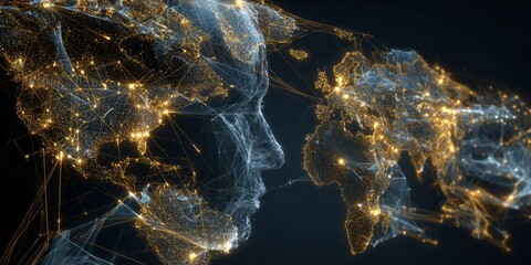 Illuminated global connections form a human silhouette overlaying a digital world map representation