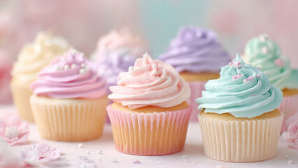 A delightful array of pastel cupcakes featuring creamy frosting in pink, blue, purple, and yellow, adorned with delicate sprinkles.