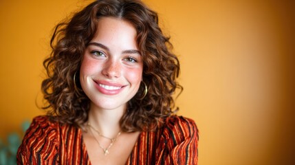 A joyful woman with curly hair smiles wide in front of a vivid orange backdrop, capturing the essence of happiness and positivity through her radiant expression.