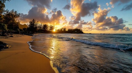 Golden Sunset over Tropical Beach with Dramatic Clouds and Shimmering Water