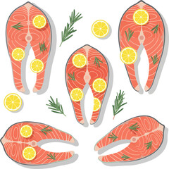 Create a kinds of deferent Fresh salmon fillet with lemon and rosemary Vector art with a white background..