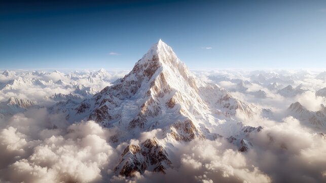 A majestic snow-covered mountain peak rises above a sea of clouds under a clear blue sky, illuminated by bright sunlight.