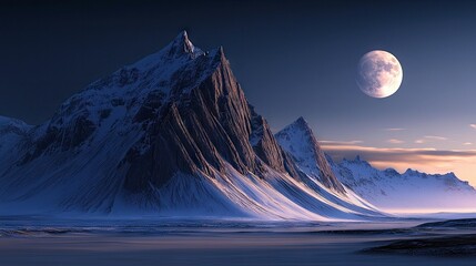 A landscape photograph of snow-covered mountains with a full moon in the night sky. The scene is illuminated by the moon and the sky has a gradient of colors.