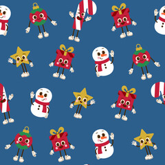 Świąteczny wzór bezszwowy z uroczymi postaciami – bałwanki, prezenty, bombki, gwiazdki i słodycze. Bożonarodzeniowe tło wektorowe. © Monika