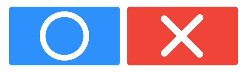 Obraz premium Minimal O and X icon set with bold blue and red backgrounds. Ideal for UI decisions, game indicators, check systems, confirmation prompts, voting graphics, quizzes, and modern interface elements