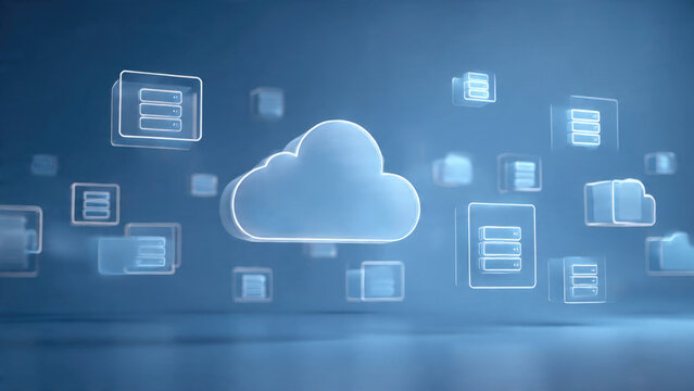 A central cloud icon surrounded by server racks symbolizes modern cloud computing, data storage, and interconnected digital infrastructure solutions.