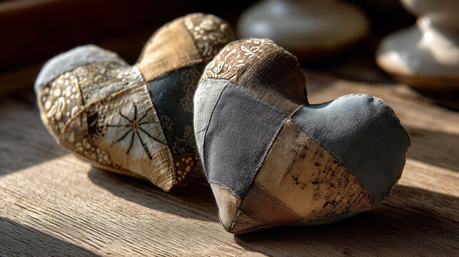 Two decorative fabric hearts in patchwork design, resting on a wooden surface. The hearts feature various patterns and colors, creating a cozy atmosphere.