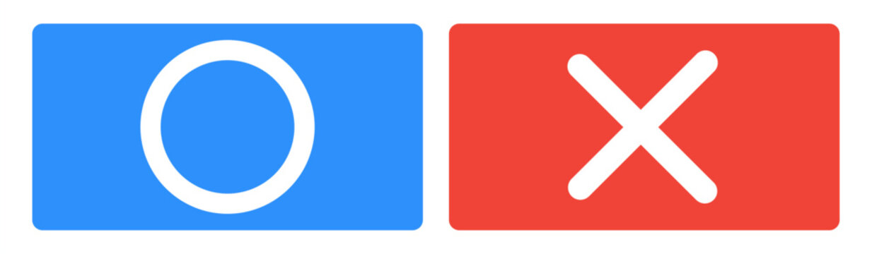 Minimal O and X icon set with bold blue and red backgrounds. Ideal for UI decisions, game indicators, check systems, confirmation prompts, voting graphics, quizzes, and modern interface elements