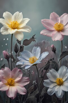 Fototapeta Vintage grunge floral pattern with pink and purple spring blossoms, dahlia, and daisy for a nature background