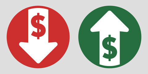Fototapeta premium Money increase and decrease icons illustration for business, finance, and sales, with arrows and dollar symbols indicating rising or falling values