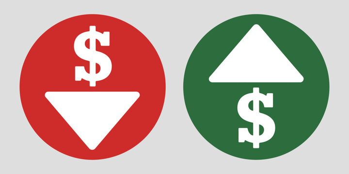 Money increase and decrease icons illustration for business, finance, and sales, with arrows and dollar symbols indicating rising or falling values