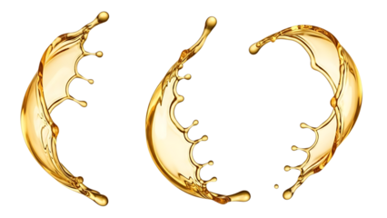 Golden liquid splash, with droplets forming abstract shapes, isolated on white or transparent background. PNG
