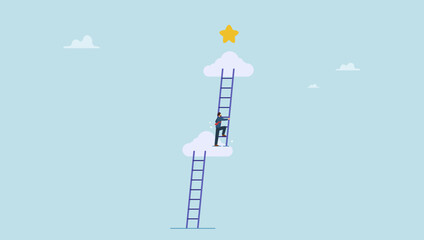 Businessman climb up ladder to higher level to reach star. Career path or job promote, occupation or ladder of success, growth step or progress to achieve goal, challenge and ambition.