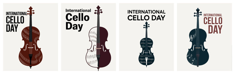International Cello Day Posters with Cello Illustrations in Various Colors