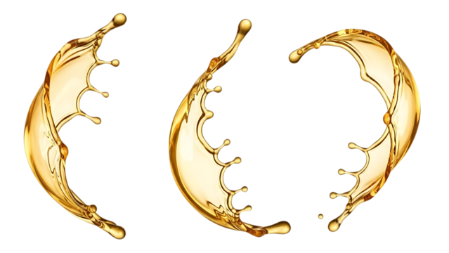 Golden liquid splash, with droplets forming abstract shapes, isolated on white or transparent background. PNG