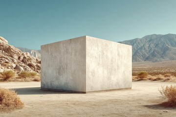 Monumental Concrete Cube in Arid Landscape Under Clear Blue Sky