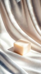 A square soap bar rests on a draped silk fabric, illuminated by soft studio lighting, creating gentle shadows.