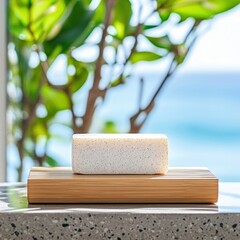 A bar of soap rests on a wooden holder, set against a backdrop of a window with a blurred ocean view and greenery. The scene is brightly lit.