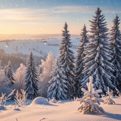 Serene Snowy Landscape with Majestic Spruce Trees in a Winter Wonderland